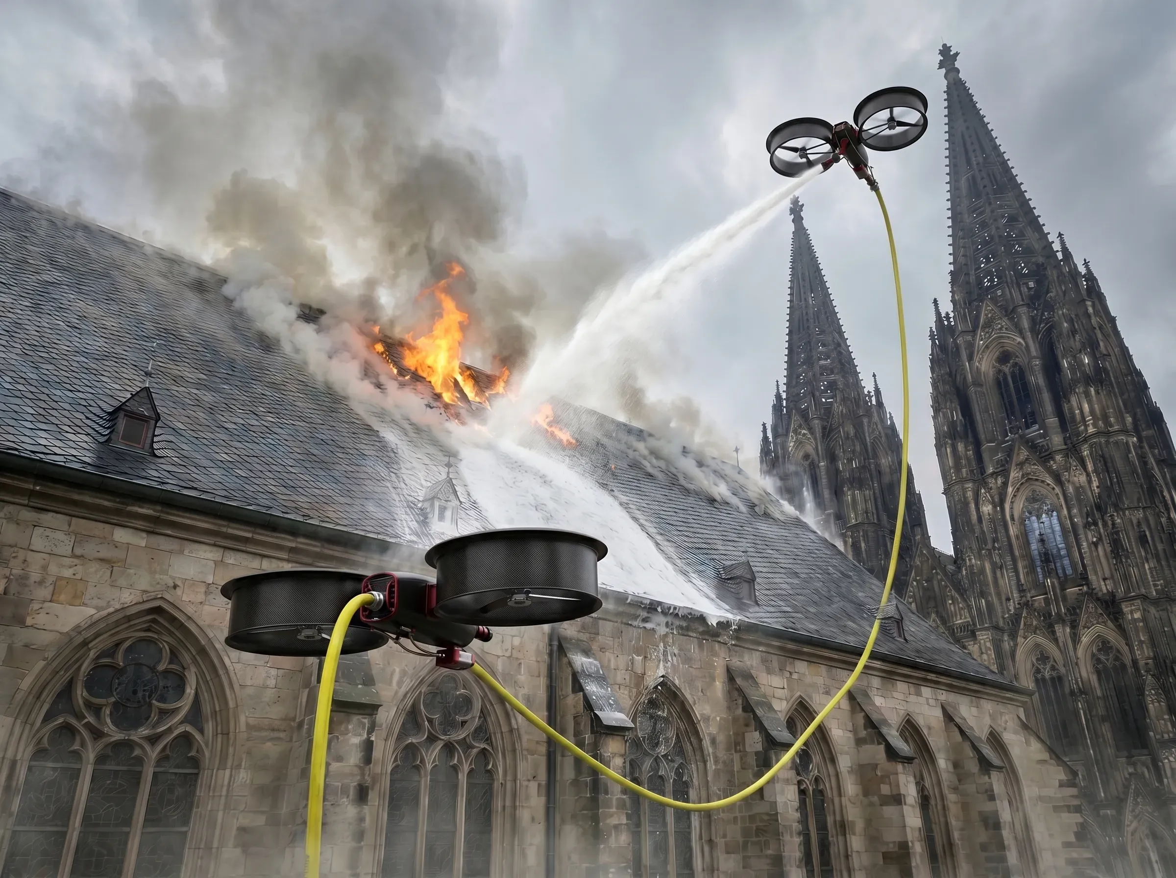 Brandbekämpfungsdrohne mit Schlauchzufuhr löscht einen Dachstuhlbrand an einer Kathedrale in großer Höhe
