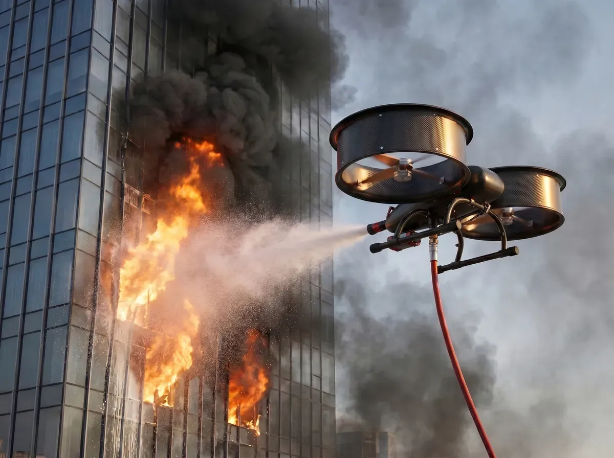Feuerwehrdrohne mit Schlauchzufuhr löscht einen Fassadenbrand an einem Hochhaus