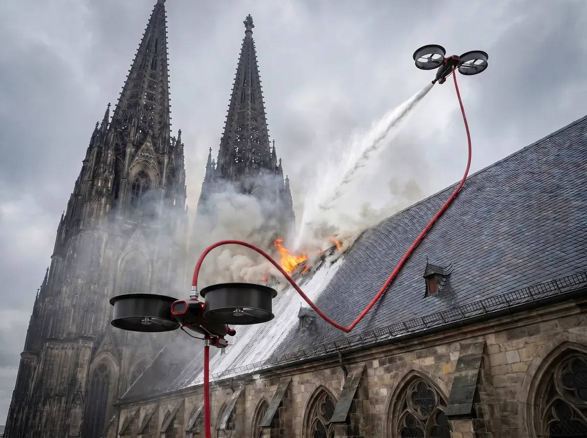 LUMOS Brandbekämpfungsdrohne löscht einen Dachstuhlbrand an einer historischen Kathedrale