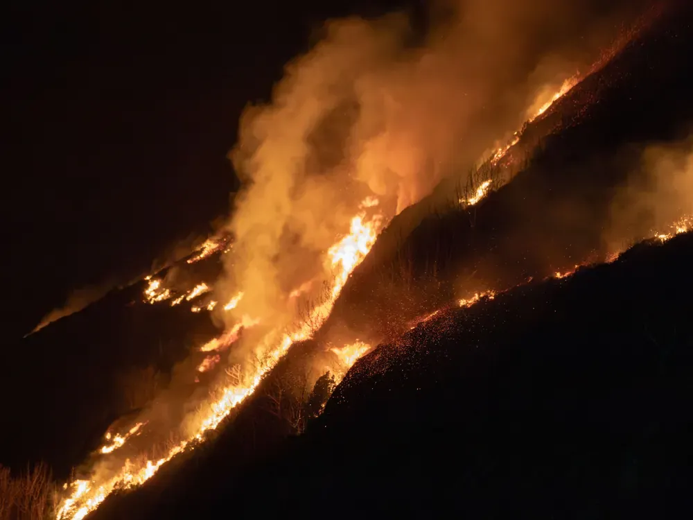 Waldbrand an einem steilen Berghang bei Nacht
